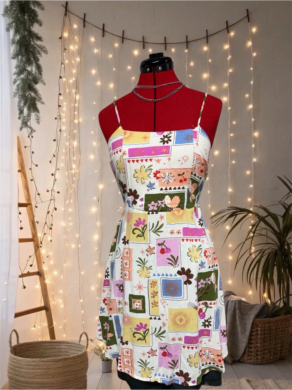 Monteau White Floral Patchwork Spaghetti-Strap Dress multicolor print small l